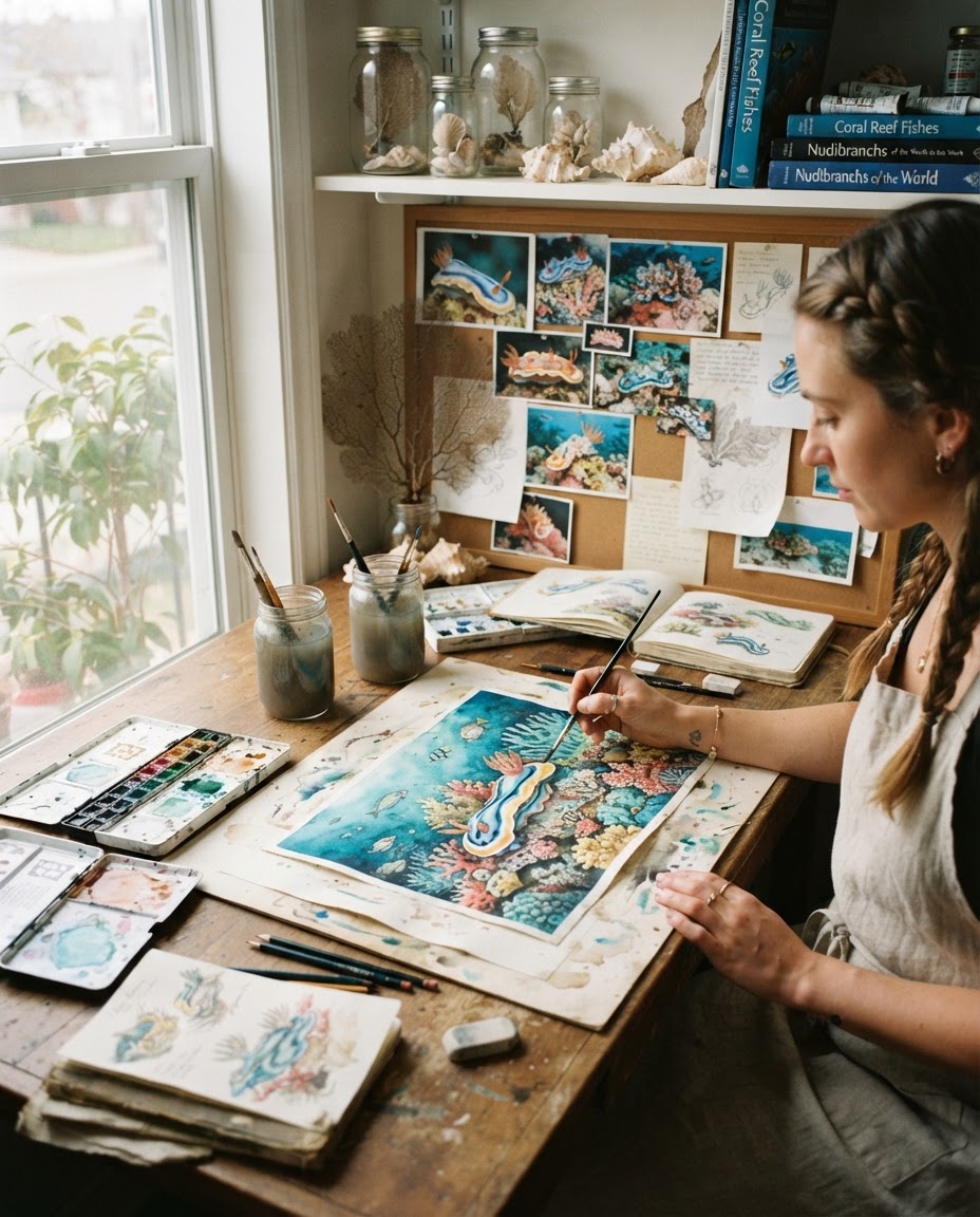 A marine artist's studio desk with an in-progress watercolor of a nudibranch and coral reef, surrounded by field sketches