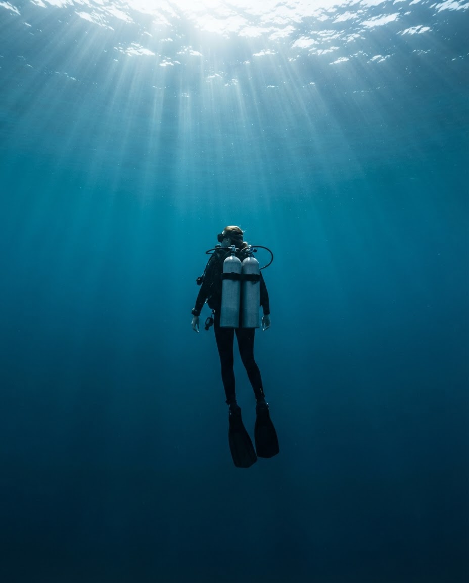 A diver hovering motionless in open blue water, bathed in sunlight, evoking total meditative presence