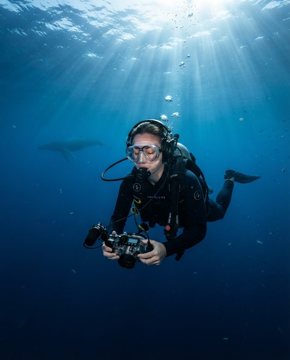 A diver holding a hydrophone in open water, listening for whale song in the deep blue