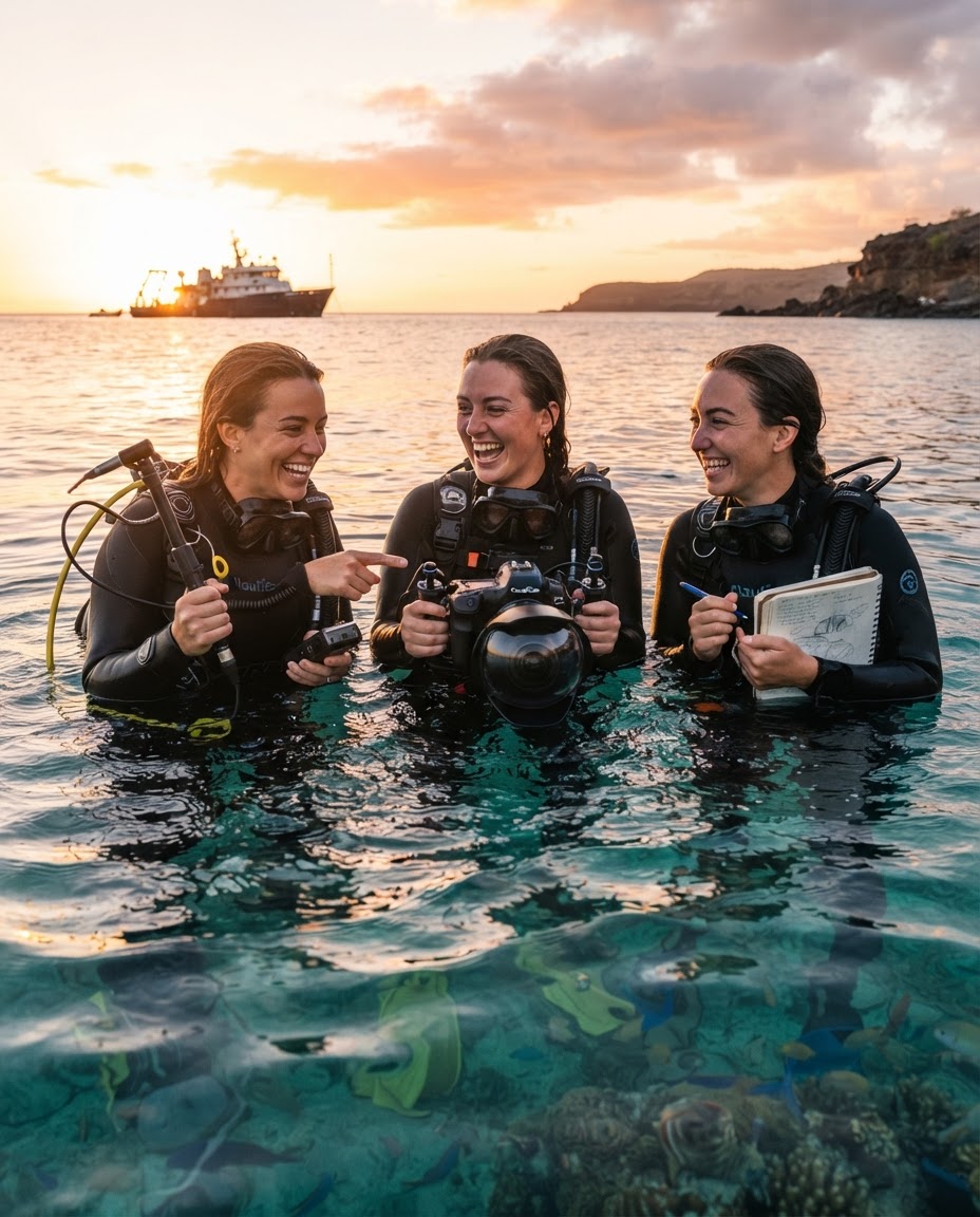 Three divers surfacing together at sunset with a camera, a hydrophone, and a sketchbook, comparing what they captured