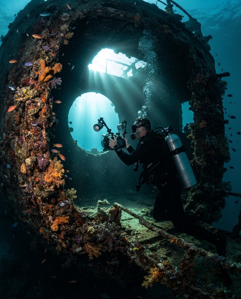 A diver photographing a sunlit shipwreck encrusted with coral, camera and strobes in hand