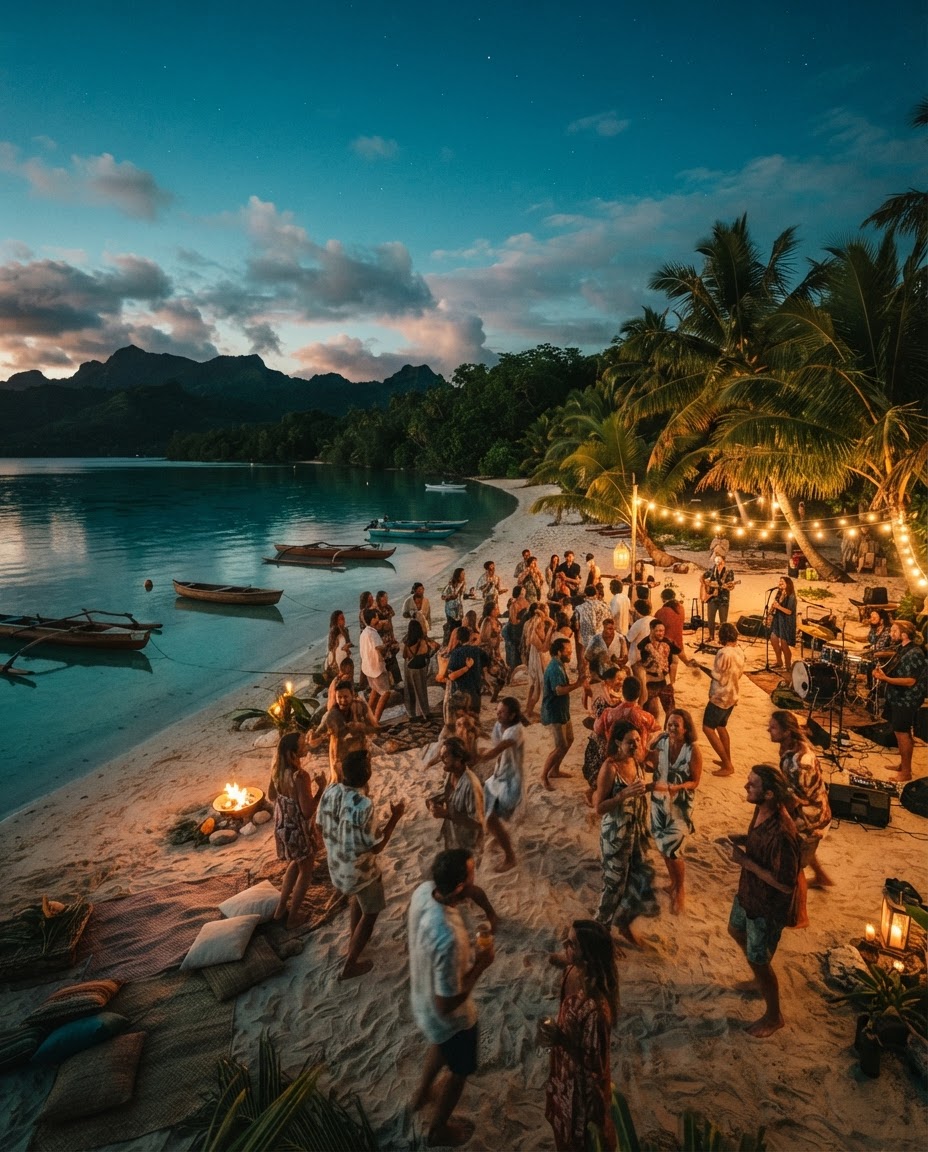 Four scuba divers hovering mid-water in a serene safety circle surrounded by blue water and sunbeams