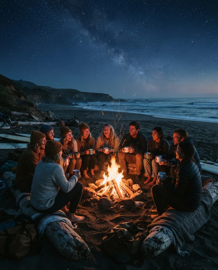 An intimate circle of ocean enthusiasts gathered around a coastal campfire at twilight under a starry sky