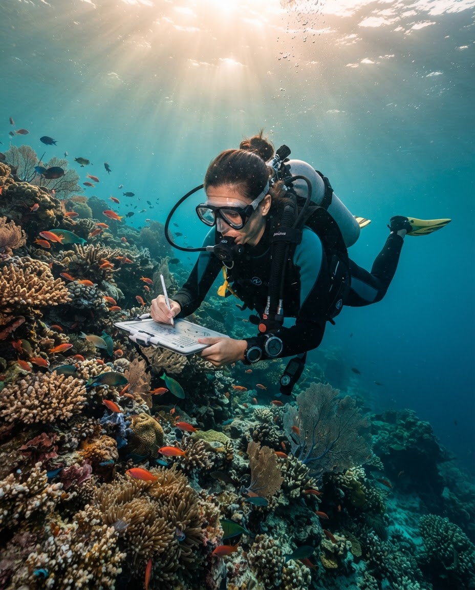 Two dive buddies adjusting scuba equipment together on a boat, demonstrating trust and community