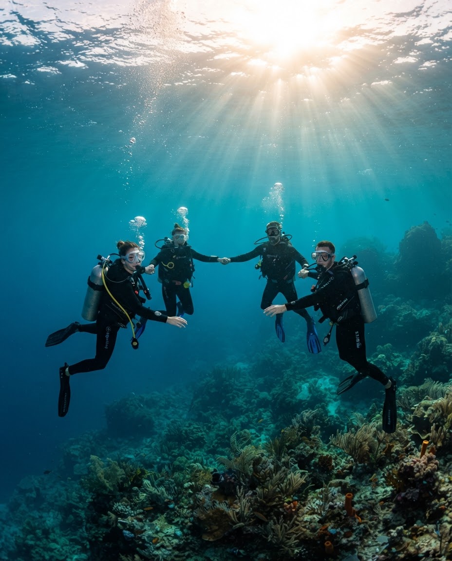 A scuba diver in full gear holding an underwater slate to record reef conservation data near coral
