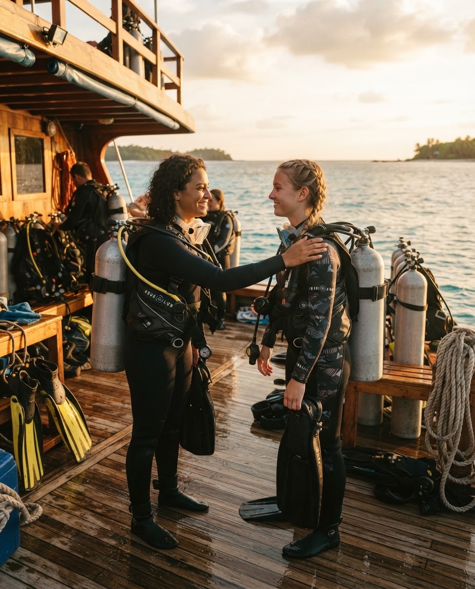 Two scuba divers performing a pre-dive buddy check on a liveaboard dive deck before stepping into the ocean