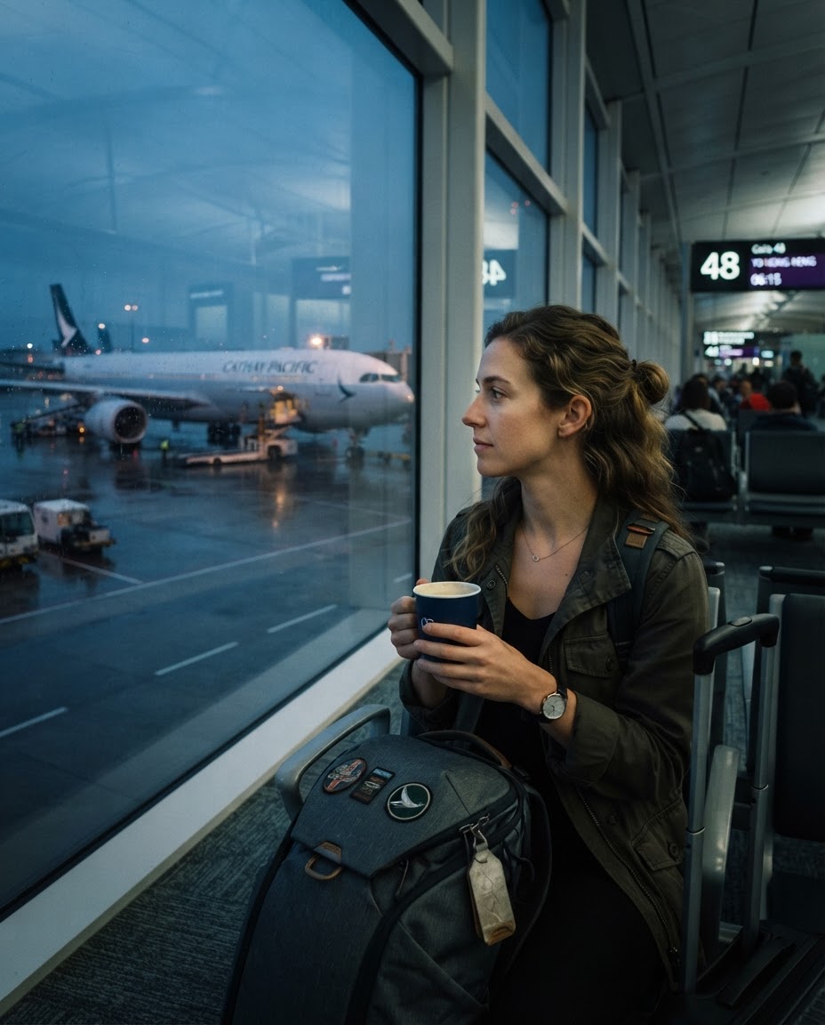 A solo traveler sitting in an airport departure lounge looking out at an airplane on the tarmac before embarking on a solo liveaboard journey