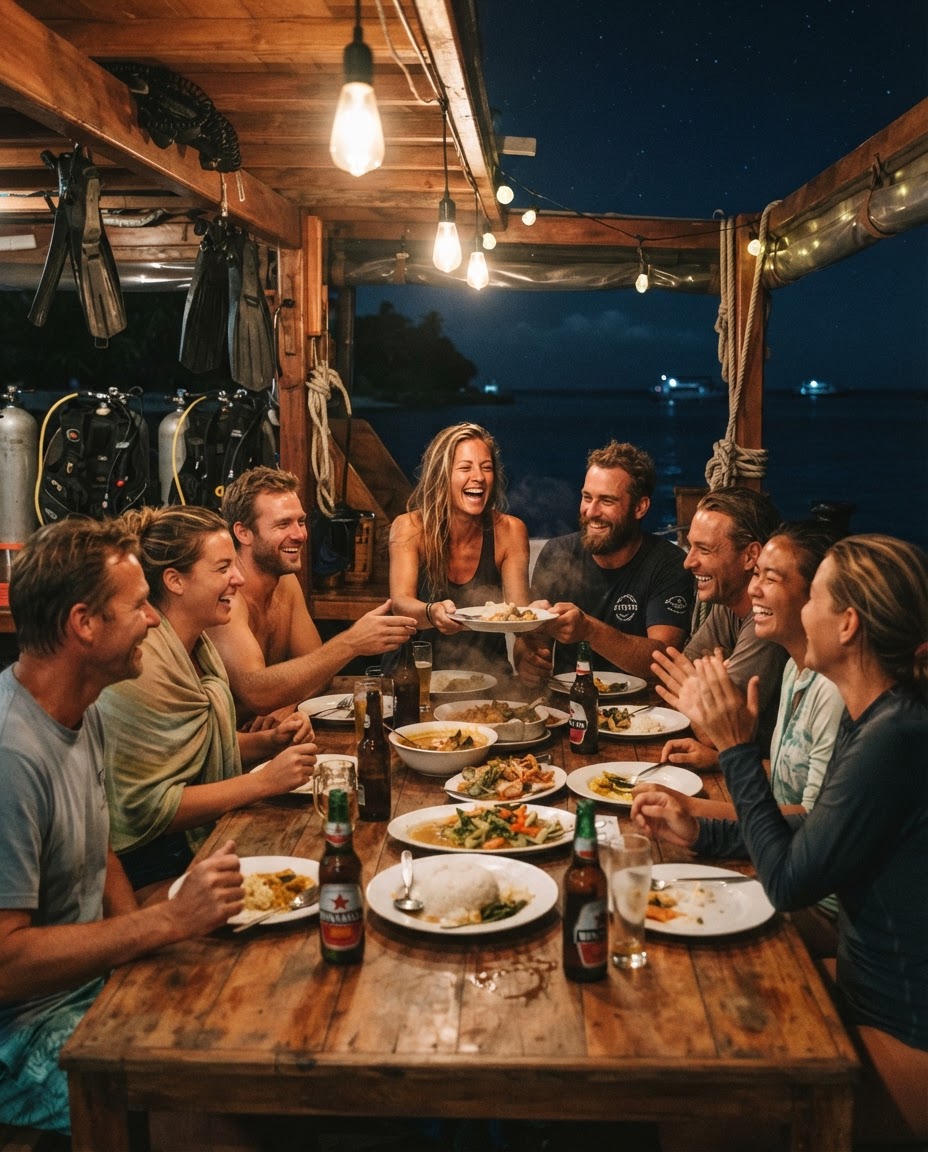 Liveaboard dive trip guests sharing stories and dinner around a long banquet table under a starry night sky