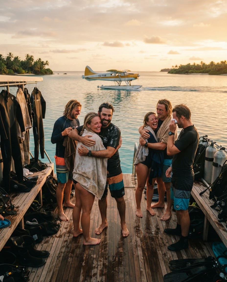 Liveaboard dive buddies sharing emotional farewell hugs on the boat deck before departing on the seaplane