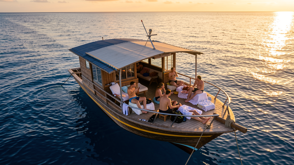 A liveaboard dive boat anchored in calm tropical waters at golden hour, divers relaxing on the sundeck after a day of diving