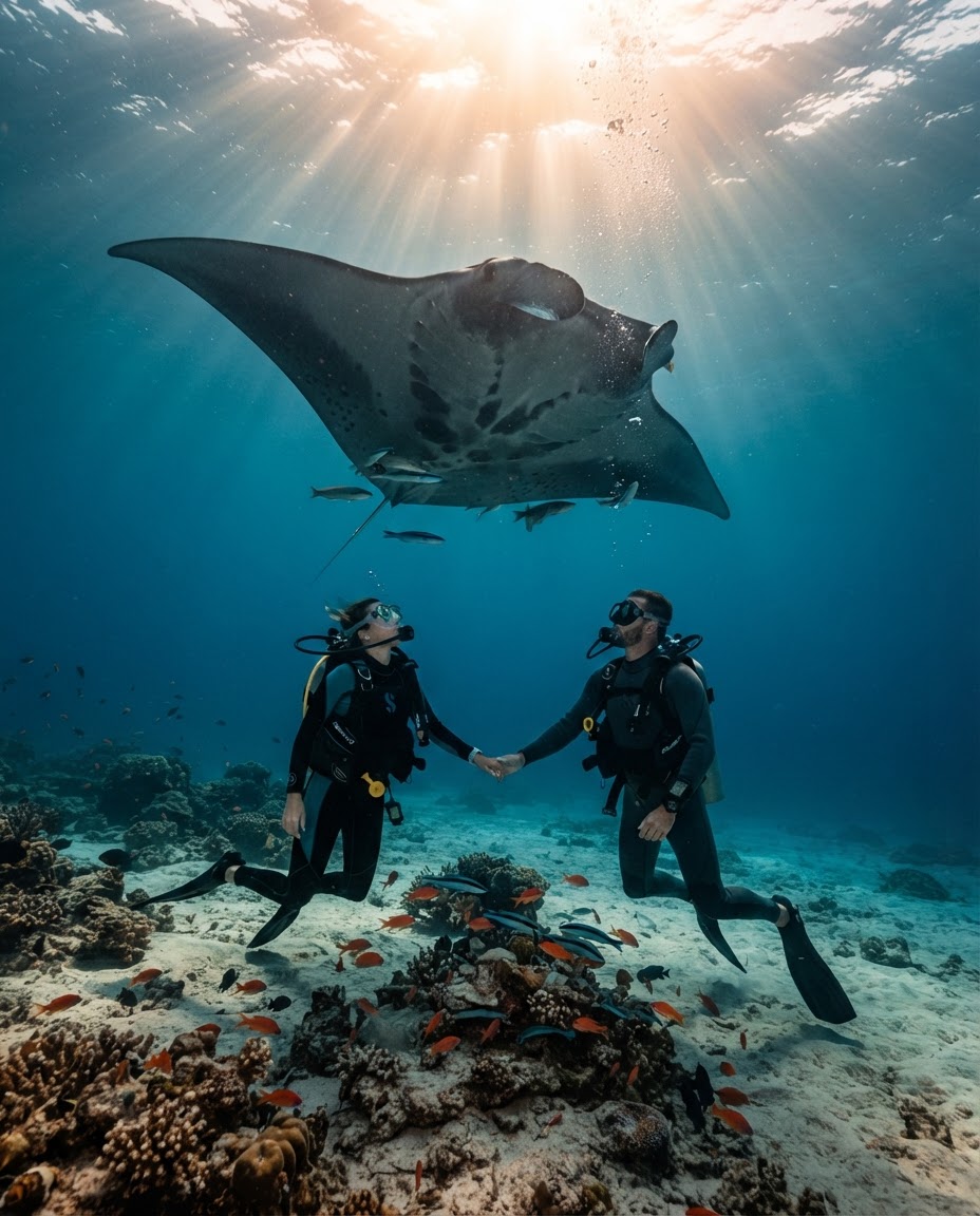 Two divers hovering weightlessly as a massive oceanic manta ray glides overhead at a Maldives cleaning station