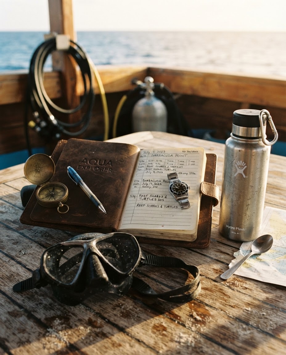 A flat-lay arrangement of a dive logbook, dive computer, mask, and travel gear on a teak boat table