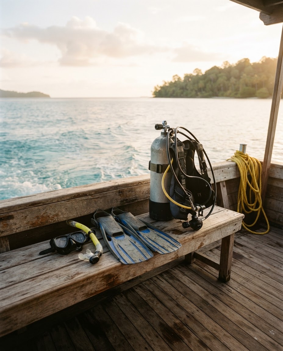 Simple, affordable scuba gear — mask, snorkel, fins, and a tank — laid out on a dive boat bench