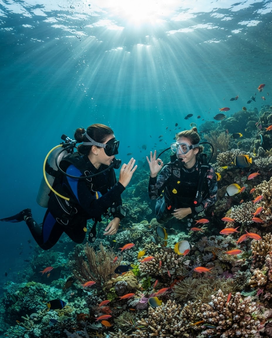 Two dive buddies signaling to each other with hand signals near a coral reef