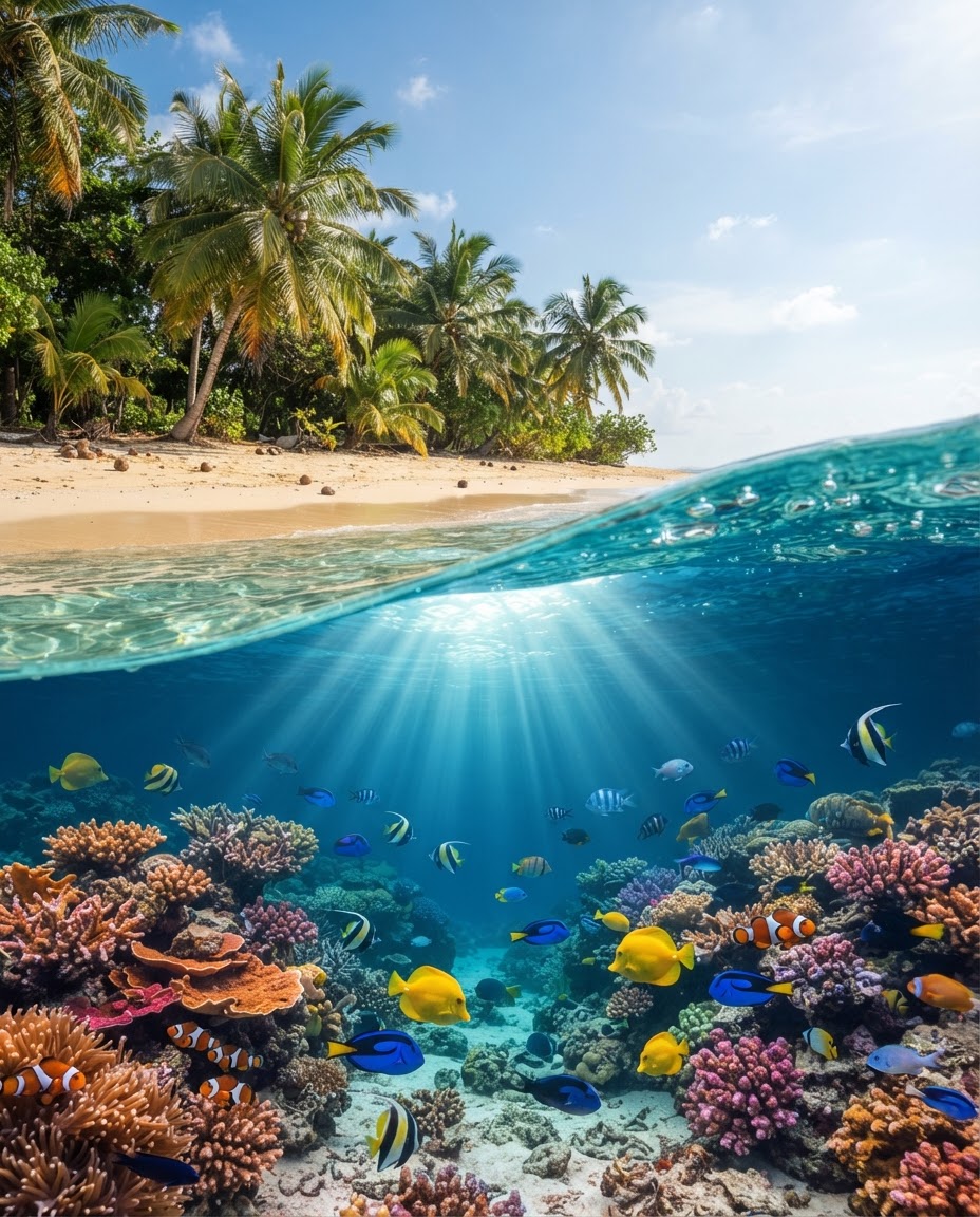 A tropical beach with palm trees and coconuts transitioning into clear turquoise reef water