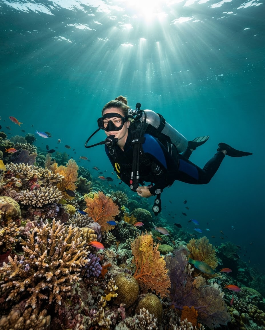 A confident female diver hovering gracefully beside a vibrant coral reef