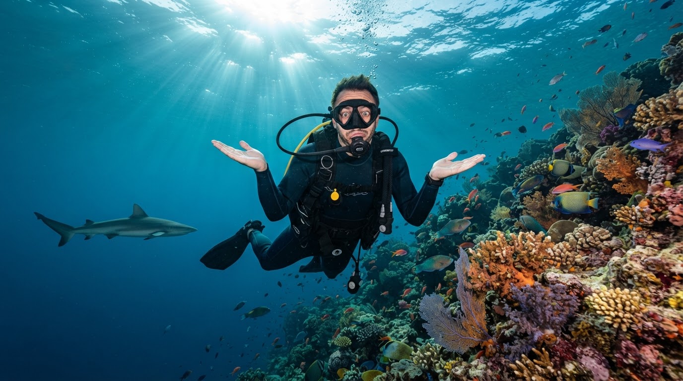 A scuba diver shrugging quizzically as a calm reef shark passes by in clear tropical water