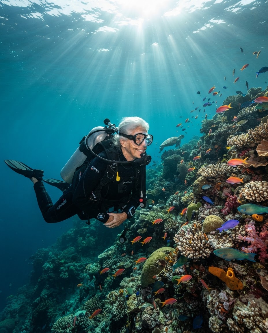 A silver-haired older diver hovering with excellent buoyancy beside a vibrant coral reef