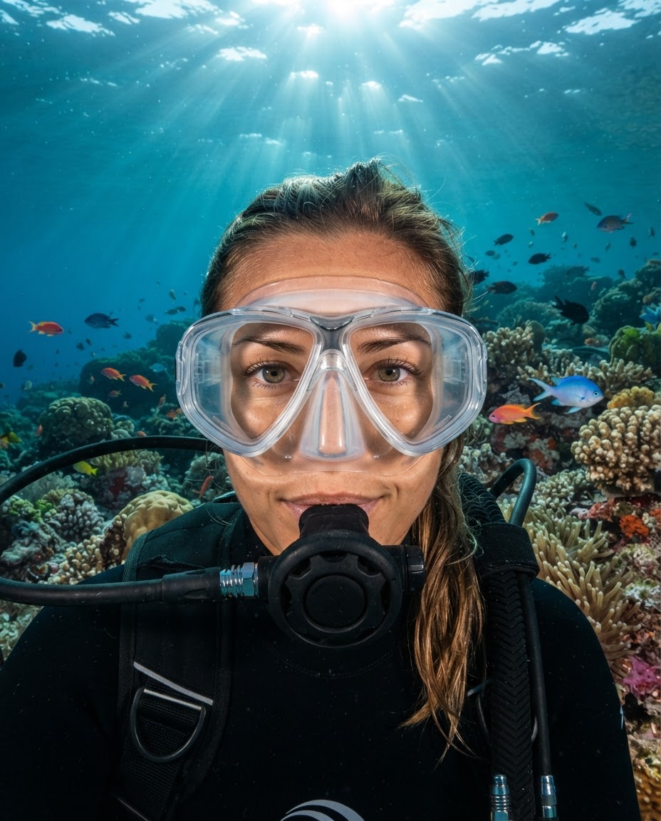 Close-up of a diver's face wearing a prescription dive mask with corrective lenses, underwater