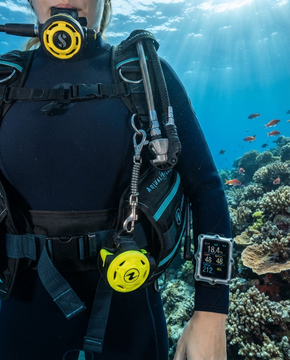 Close-up of a diver's redundant regulator setup and dive computer, emphasizing built-in safety systems
