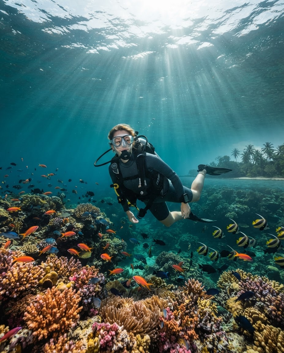 A relaxed diver in full gear floating comfortably just below the surface with minimal effort