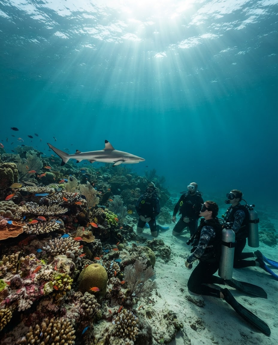 A reef shark swimming calmly past a group of relaxed divers near a coral reef