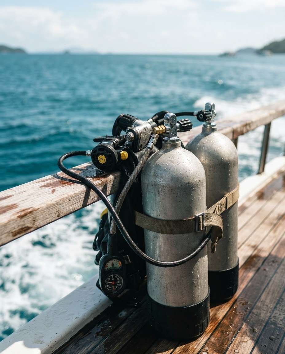 Close-up of scuba tanks and a regulator set on a dive boat, ocean horizon in the background