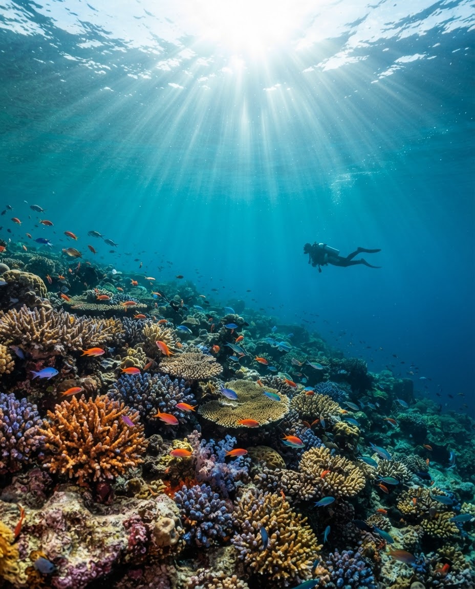 A diver silhouetted in the distance against exceptionally clear tropical water with visibility exceeding 30 meters
