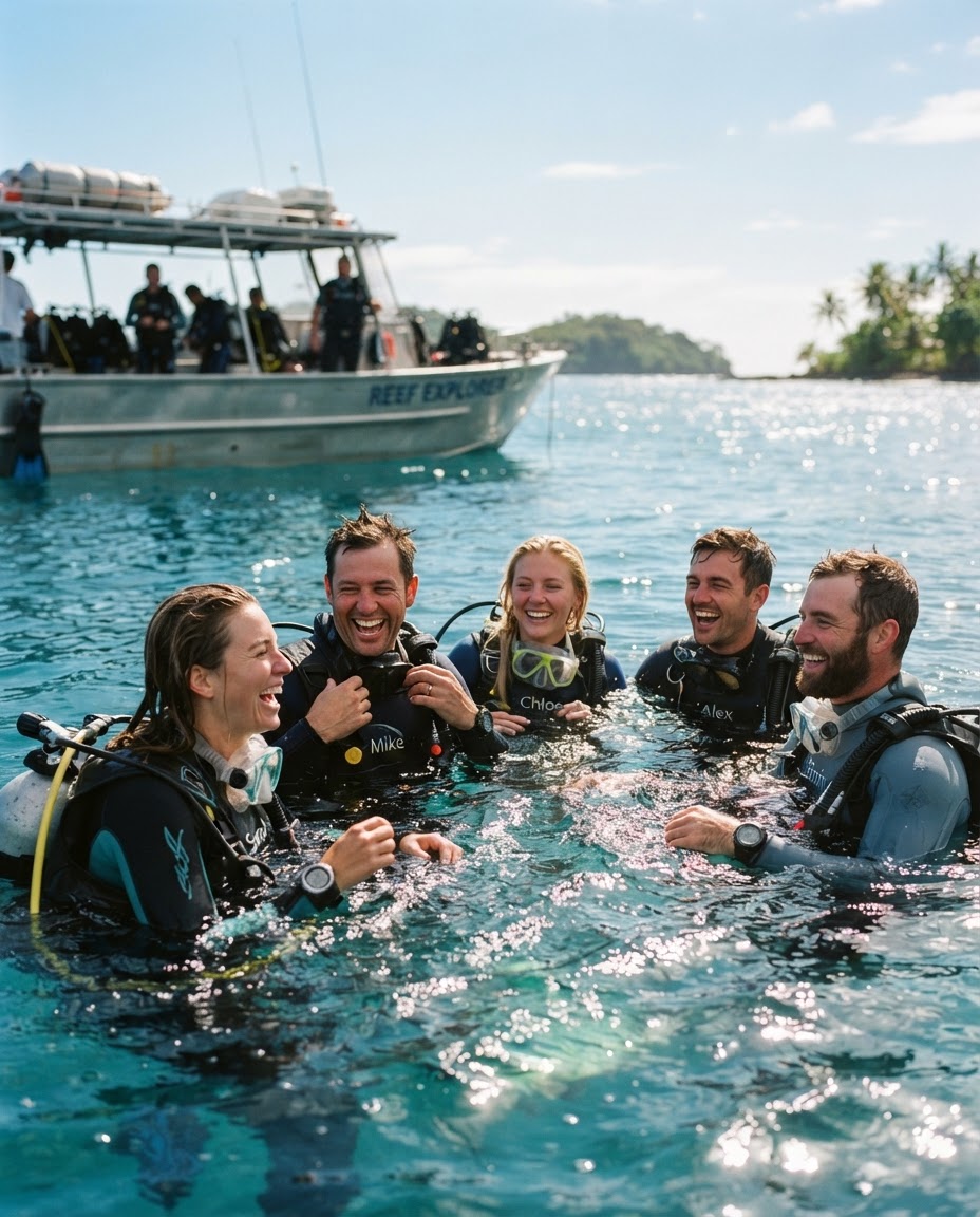 A group of divers in wetsuits laughing together at the surface before a dive