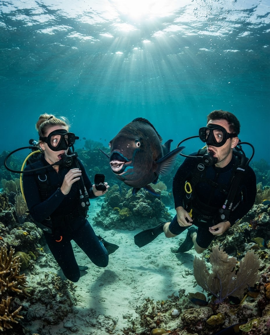A large midnight parrotfish swimming directly between two divers during an underwater proposal