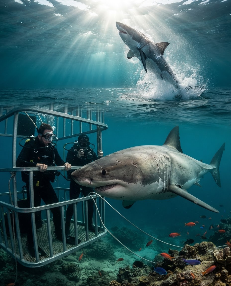 A great white shark circling a cage dive while a second shark breaches out of the water behind it
