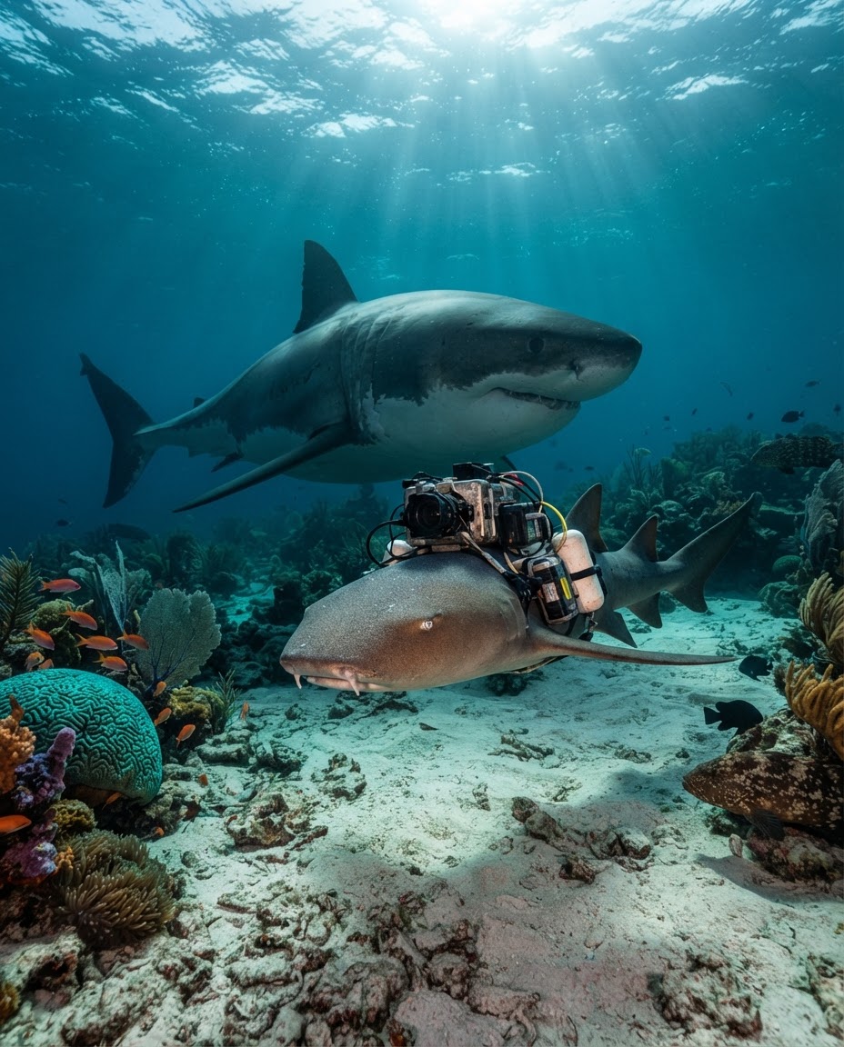 A nurse shark with a camera rig strapped to it swimming in front of a much larger great white shark