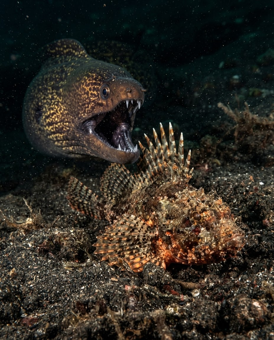 A moray eel lunging into frame with its mouth wide open behind a camouflaged scorpionfish
