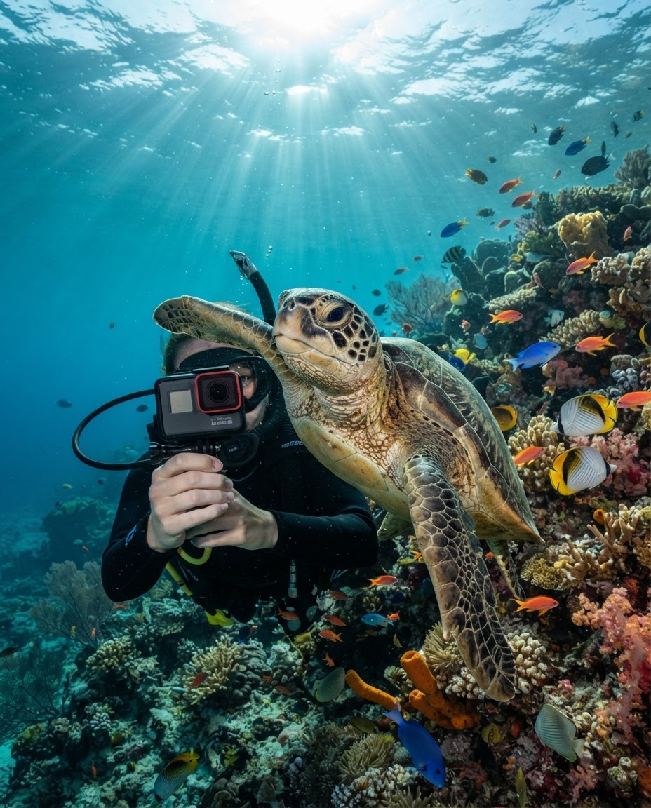 A green sea turtle rotating its shell directly in front of a diver's raised GoPro camera