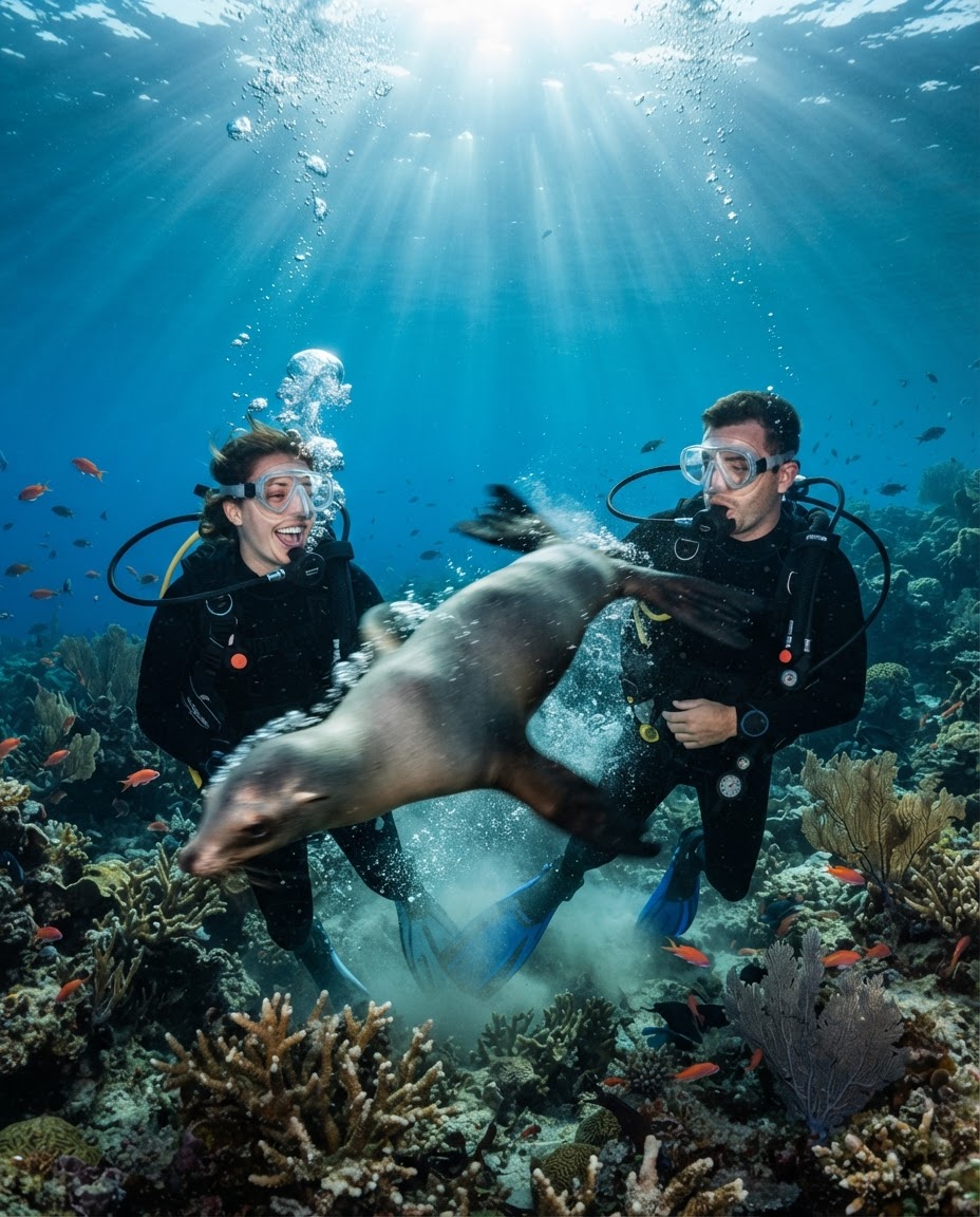 A young California sea lion barreling playfully through a couple during an underwater portrait session