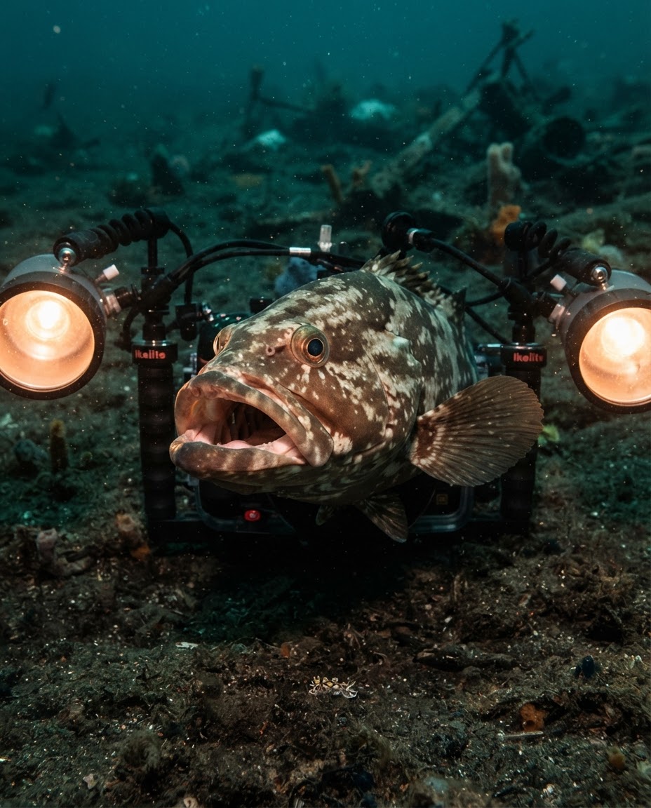 A large Nassau grouper wedged between two underwater camera strobes with its mouth open