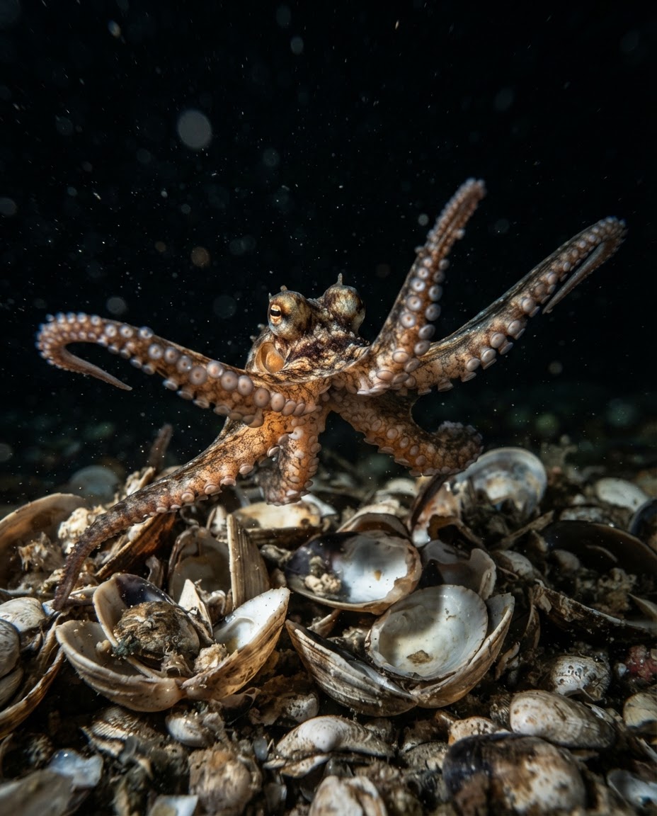 A coconut octopus launching all eight arms over a barricade of clam shells at the camera