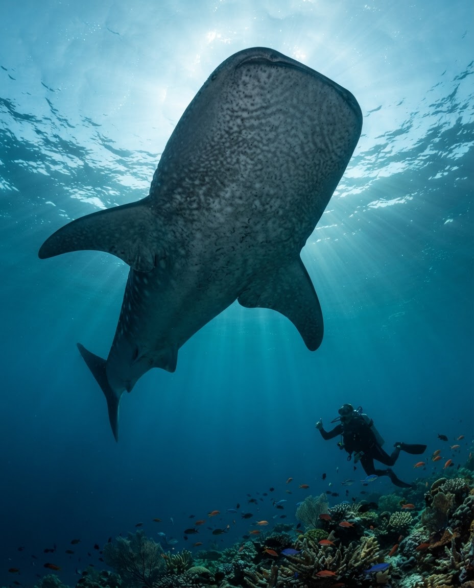 A massive whale shark belly filling the frame as it passes directly overhead a diver