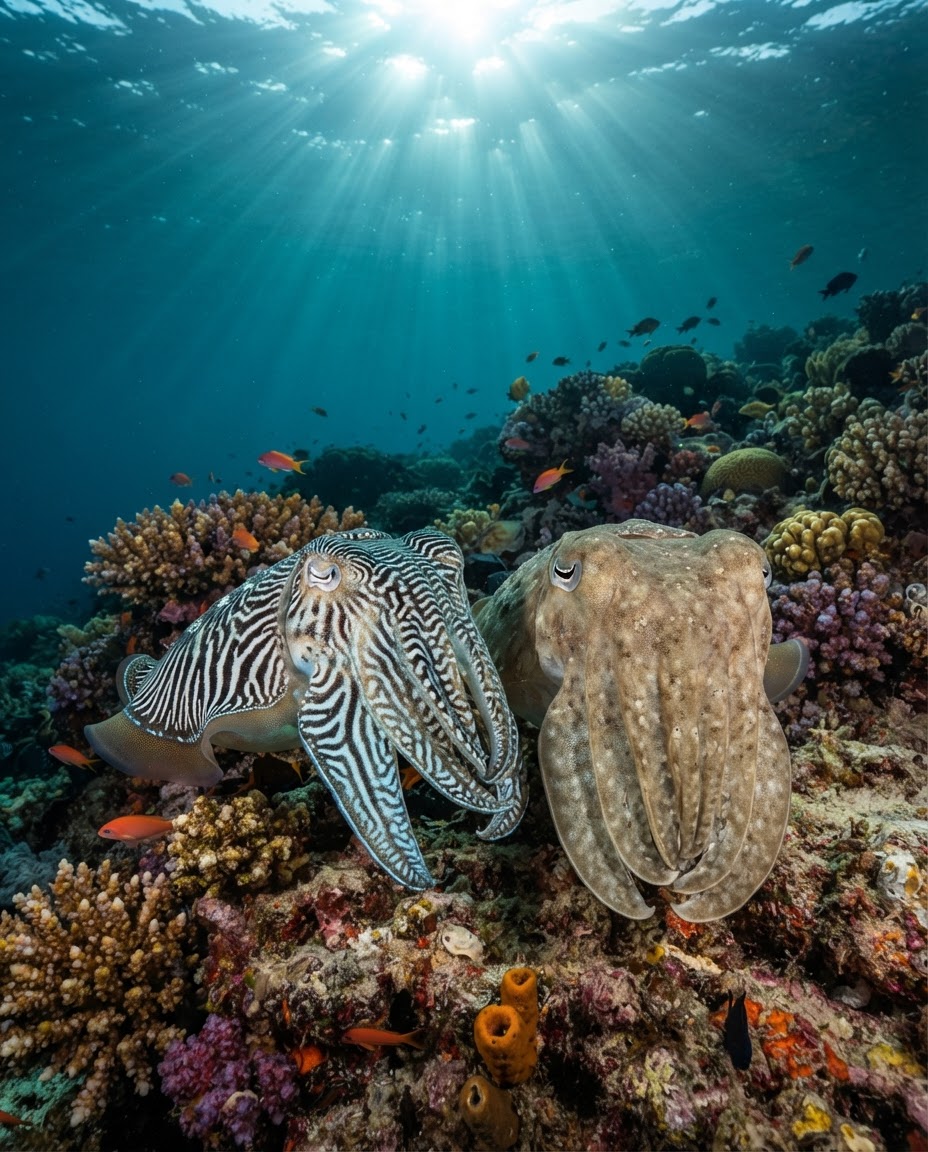 Two giant cuttlefish side by side, one displaying vivid zebra-stripe patterns and one flat neutral beige