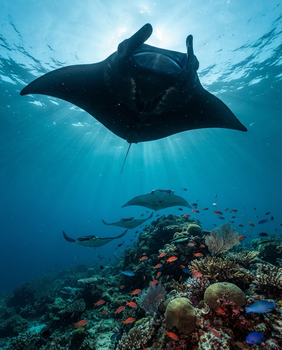 A large manta ray gliding directly overhead and blotting out the sunlight above three other mantas