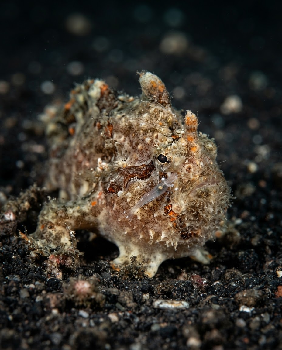 A motionless camouflaged frogfish on black sand with a small cleaner shrimp scurrying across its face