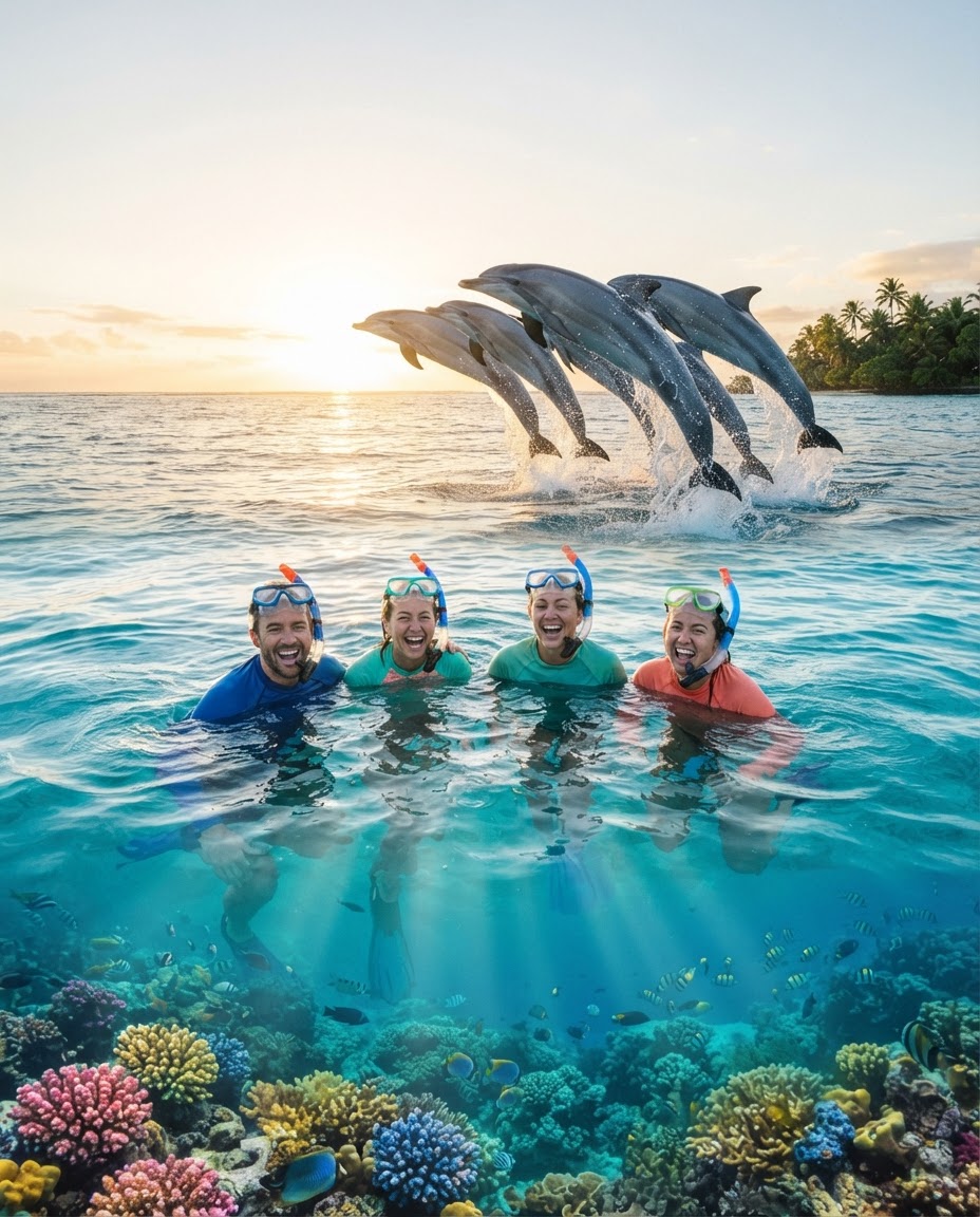 A group of snorkelers posing for a photo unaware that spinner dolphins are breaching behind them