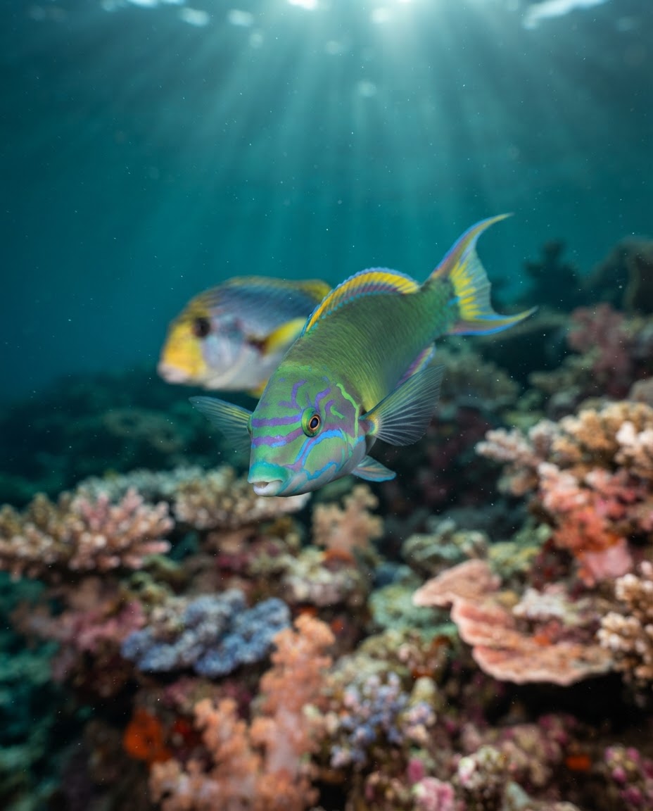 A moon wrasse in sharp focus in front of a blurred harlequin sweetlips fish