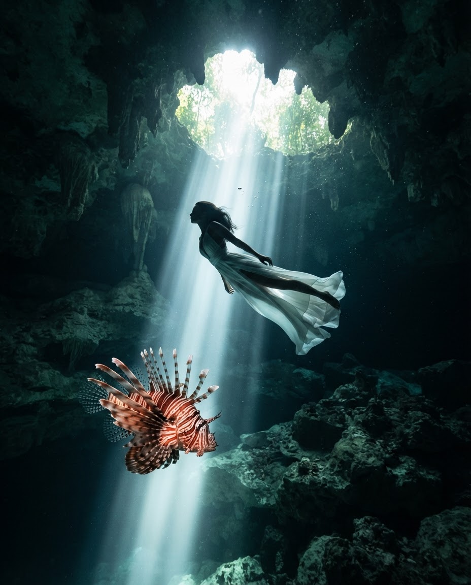 A freediver in a flowing white dress silhouetted in a cenote halocline with a red lionfish drifting through the light