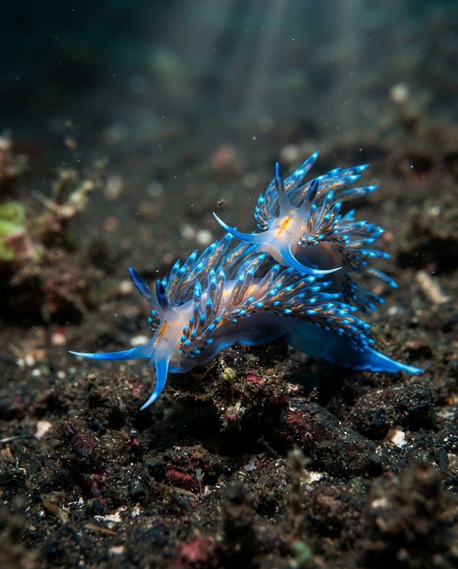 A large nudibranch climbing onto a smaller electric-blue nudibranch with its cerata fully extended