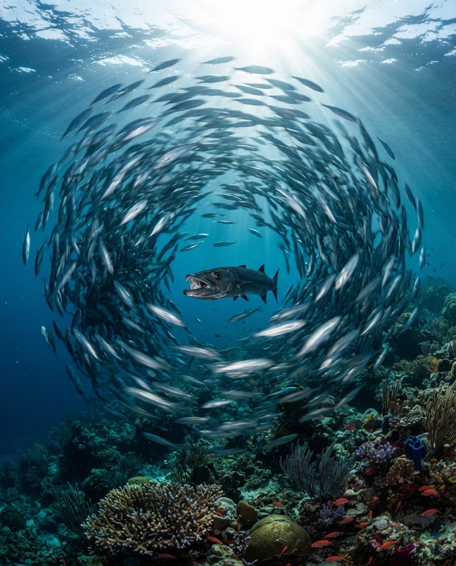 A large barracuda motionless at the center of a spinning school of jacks with its mouth open