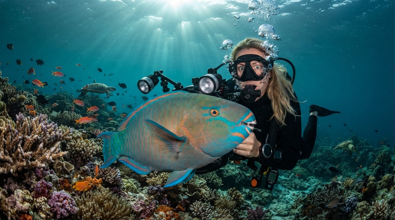 A diver photographing a reef as a large parrotfish swims directly in front of the camera lens