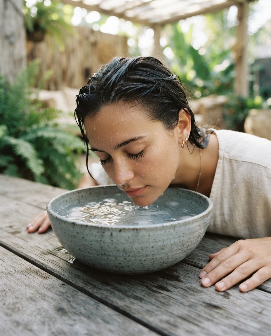Person immersing face in cold water for vagus nerve stimulation water therapy