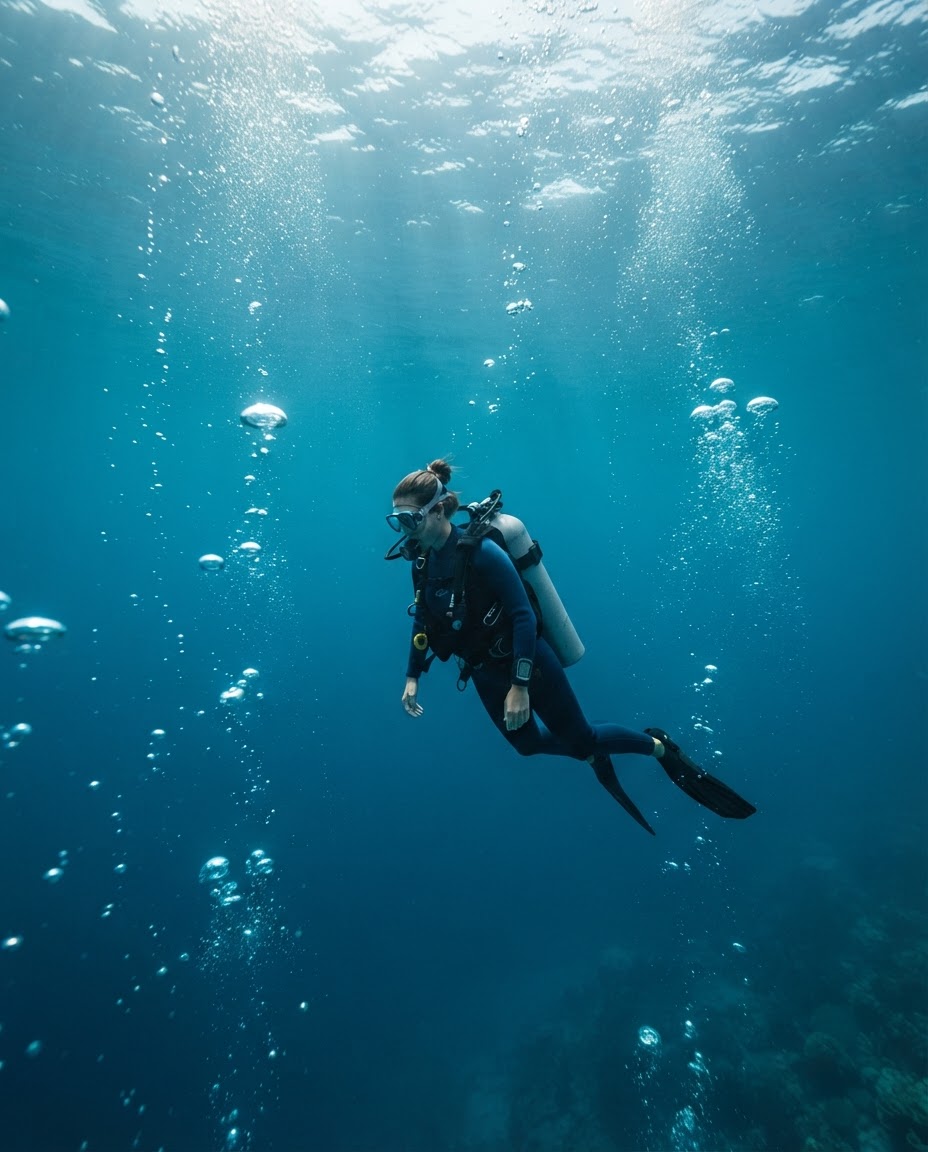 Scuba diver floating peacefully in blue water experiencing the mammalian dive reflex and parasympathetic reset