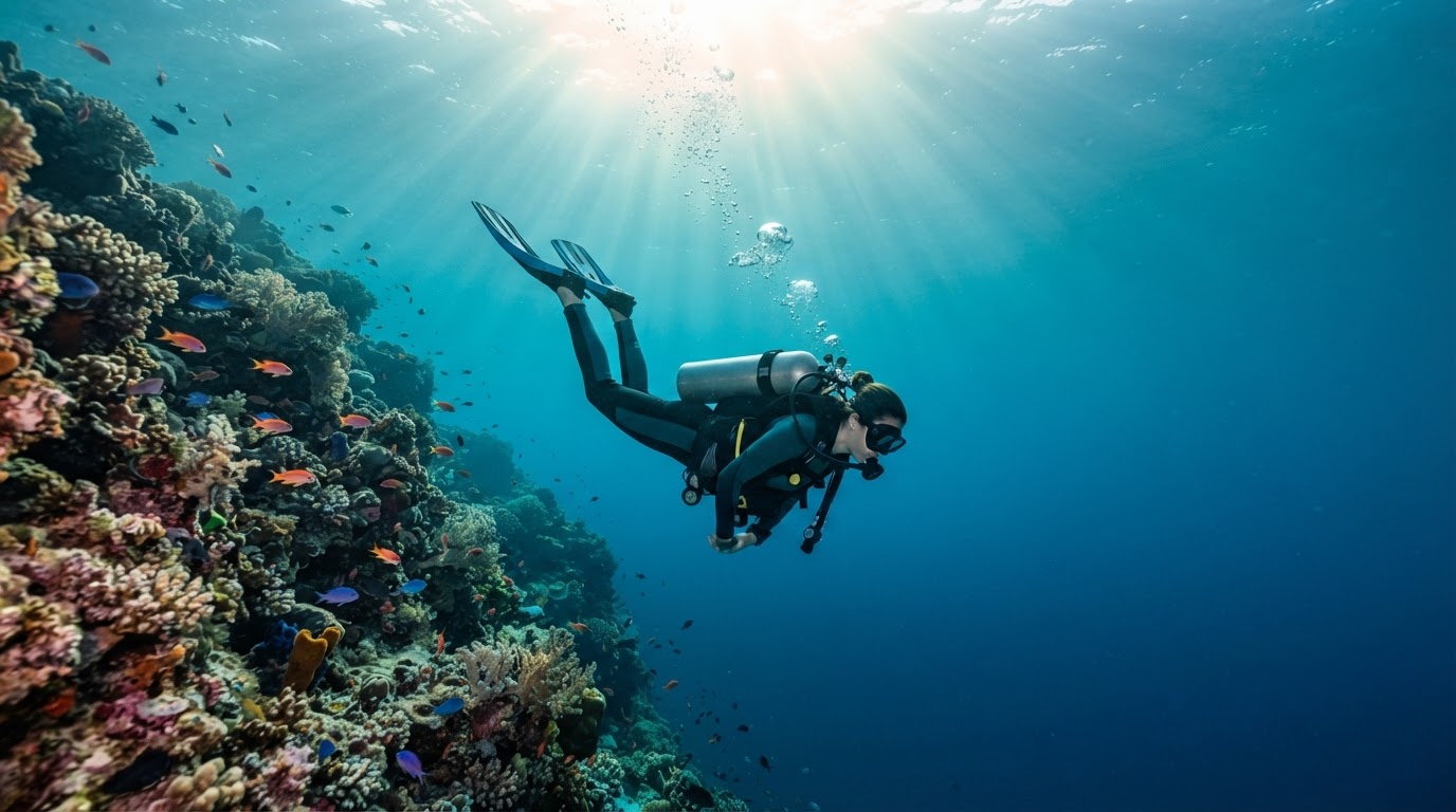 A scuba diver descending smoothly into clear turquoise water with gentle sunlight filtering from above